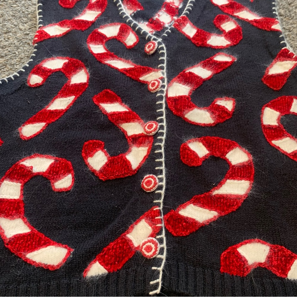 Belle Pointe VTG Ramie Button Front Embellished Candy Cane Christmas Vest - Picture 4 of 15